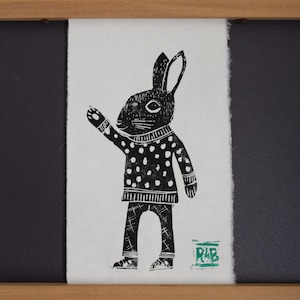 Benji Bunny Lino Print: Handmade Japanese Paper Art