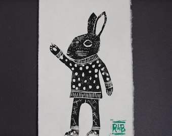 Impressão em linóleo de Benji Bunny: arte japonesa feita à mão em papel