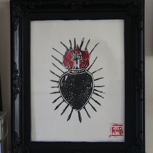 Sacred heart print, lino print , art print , home decor.