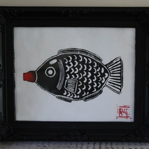 醤油魚リノ版画：手切り和紙アート