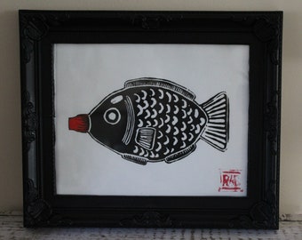 醤油魚リノ版画：手切り和紙アート