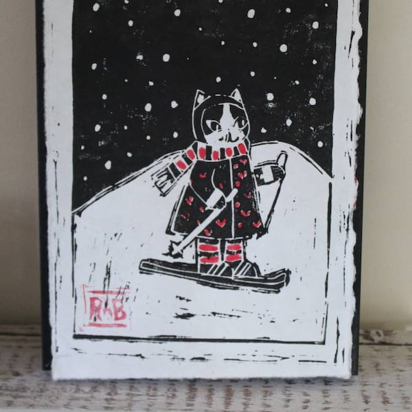 Katie's skiing holiday a cute hand cut lino print , original art , home decor , kids bedroom