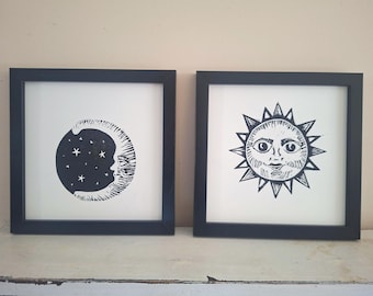 Sun and Moon Lino Prints, Framed Wall Art