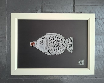 Soy Sauce Fish Lino Print: Hand-Painted Lid, A4 Art Print