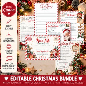 May include: A collection of printable Christmas stationery including a wishlist, Dear Santa letter, Elf Report, Nice List certificate, and Christmas Eve checklist. Each document features red and white striped borders and festive holiday illustrations.