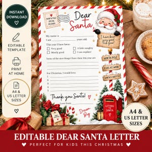 May include: A Dear Santa letter template featuring a red and white striped border, a cartoon Santa Claus, a North Pole signpost, and a red mailbox. The document includes blank lines for a name, age, behavior status, and a Christmas wish list.