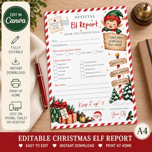May include: An official Elf Report from the North Pole printable document featuring a red and white candy cane border, a cartoon elf, a North Pole signpost, gift boxes, and Santa Claus. The form includes sections for name, behavior, and notes.