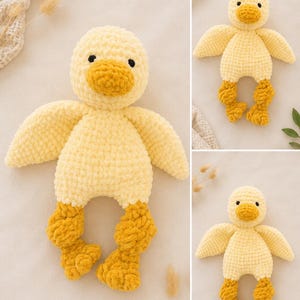 May include: A crochet duck toy made with pale yellow yarn for the body and wings, featuring a darker mustard yellow beak and feet. The duck has small black eyes and a textured, soft appearance. The text @PatternsForRoo on Etsy is visible.