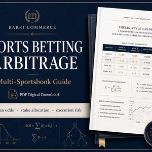 May include: A digital guide titled Sports Betting Arbitrage by Rarri Commerce. The cover features a dark blue background with white text, a bell curve graph, and a sample odds comparison table. It includes a PDF digital download icon.