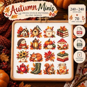 Può includere: Un telaio da ricamo quadrato contenente un tessuto bianco con 16 schemi a punto croce a tema autunnale, tra cui una casa, una casetta per uccelli, una tazza, libri, un riccio, una lanterna, una zucca, un fungo, girasoli, una volpe, foglie e uno scoiattolo.