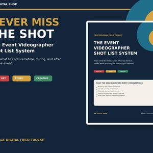 Op de afbeelding: Een 31-pagina tellende digitale toolkit getiteld The Event Videographer Shot List System. Het donkerblauwe document bevat gele en witte tekst, met rode, gele en groene knoppen met de labels Must Get, Story en Creative voor videografie.