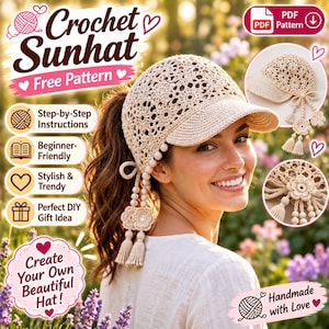 Könnte beinhalten: Ein beigefarbener Häkel-Sonnenhut mit Blumenmuster, festem Schirm und dekorativen hängenden Quasten mit kleinen Blumenakzenten. Das Bild enthält Text wie Crochet Sunhat, Free Pattern, Step-by-Step Instructions und Handmade with Love.