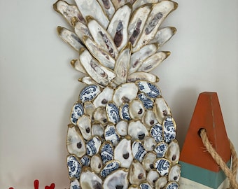 Handmade 24” Oyster Shell Pineapple Wall Art, Local Maryland Sourced Shells, Coastal Decor