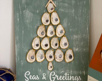 Oyster Shell Art Christmas Tree Wall Decor; Handpainted and Distressed Wood; Ready to Hang Coastal Holiday Art; Local Maryland Shells