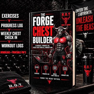 Op de afbeelding: Een zwart boek getiteld The Forge Chest Builder met een gespierde figuur met stierenkop, rode tekst en iconen voor 6 oefeningen, 1 voortgangslogboek, 1 wekelijkse borstcheck en 2 trainingslogboeken. Een zwarte shaker en een zwarte handdoek staan ernaast.