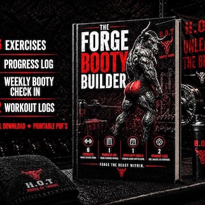 Peut inclure: Un livre intitulé The Forge Booty Builder avec une illustration de taureau musclé, du texte rouge et blanc, et une liste de contenu incluant 6 exercices, 1 journal de progression, 1 suivi hebdomadaire et 2 journaux d'entraînement, avec serviette.