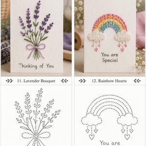 Könnte beinhalten: Zwei weiße Grußkarten mit handgestickten Motiven. Eine Karte zeigt einen violetten Lavendelstrauß mit dem Text Thinking of You. Die andere Karte zeigt einen bunten Regenbogen mit Wolken und herabhängenden Herzen mit dem Text You are Special.