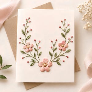 May include: A cream-coloured greeting card featuring an embroidered floral design. The embroidery consists of three pink five-petalled flowers with yellow centres, connected by green stems, small green leaves, and tiny pink buds arranged in a U-shape.