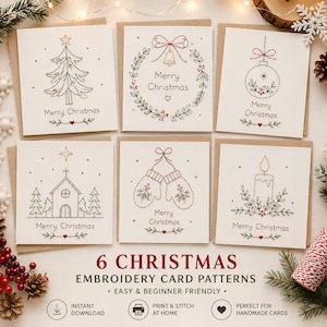 Könnte beinhalten: Sechs quadratische Grußkarten mit Stickmustern eines Weihnachtsbaums, eines Kranzes mit Glocke, einer Christbaumkugel, einer Kirche, Fäustlingen und einer Kerze. Jede Karte zeigt den Text Merry Christmas in roter Schrift mit botanischen Verzierungen.