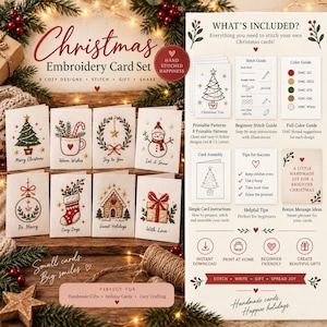 Peut inclure: Un ensemble de cartes à broder de Noël comprenant huit modèles imprimables dont un sapin, un bonhomme de neige et un cadeau. L'ensemble inclut un guide de points, un guide des couleurs et des instructions. Texte inclus : What's Included.