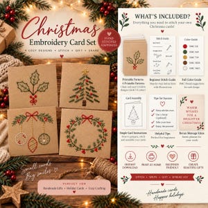 Peut inclure: Un ensemble de cartes de broderie de Noël comprenant quatre cartes en papier kraft avec des motifs brodés de houx, un sapin, des boules et une couronne. Inclut un guide avec des instructions de point, des codes couleur et des idées de messages.