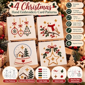 Può includere: Un set di 4 modelli di ricamo a mano natalizi per biglietti con disegni di ornamenti, un uccellino su un ramo, una palla di neve e una stella. Include un PDF stampabile, 3 dimensioni (7,6, 10,2, 12,7 cm), una guida ai colori DMC e istruzioni.