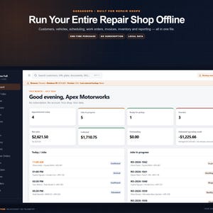 May include: A software interface for GarageOps repair shop management, displaying a dashboard with metrics like net sales, appointments, and jobs in progress. The dark-themed sidebar lists navigation options including dashboard, calendar, and invoices.