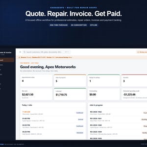 May include: A software interface for auto repair shops titled GarageOps, featuring a dashboard with metrics like net sales, appointments, and jobs in progress. The screen displays the text Quote. Repair. Invoice. Get Paid. and lists business data.