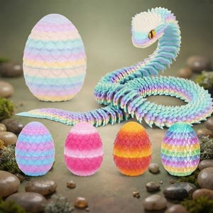 May include: A flexible, articulated snake with a pastel rainbow scale pattern and a large, matching pastel egg. Four additional smaller eggs are displayed in front, featuring solid pink, orange, and multi-coloured striped scale textures.