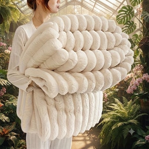 May include: A large, cream-coloured, textured blanket with a repeating, rounded, pillowed surface pattern. The blanket is folded and held, showcasing its thick, soft, and voluminous construction with a consistent, uniform, and plush appearance.