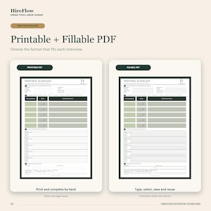 Pode incluir: Um conjunto de documentos digitais apresentando um cartão de pontuação de entrevista HireFlow em dois formatos: um PDF imprimível e um PDF preenchível. O layout inclui seções para detalhes do candidato e avaliação de competências.