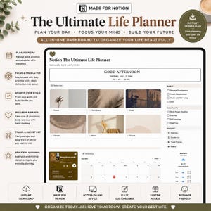 Puede incluir: Un panel de control digital de Notion titulado The Ultimate Life Planner, que incluye secciones para tareas diarias, objetivos, bienestar y viajes. La interfaz cuenta con un calendario, un widget del tiempo y un reproductor de música.