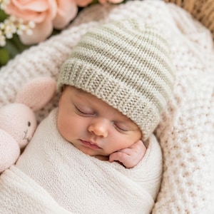 May include: A baby beanie featuring a ribbed knit texture with horizontal stripes in alternating shades of sage green and cream. The hat has a folded brim and a rounded crown, constructed from a soft yarn material that fits snugly around the head.