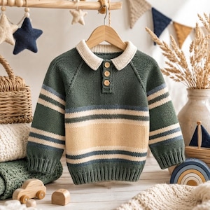 May include: A long-sleeve knit sweater in dark green featuring a cream-colored polo collar, three wooden buttons at the neckline, and horizontal stripes in cream and light blue across the chest and sleeves with ribbed cuffs and hem.