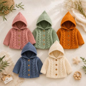 Könnte beinhalten: Fünf gestrickte Kapuzenjacken in Rosa, Salbeigrün, Senfgelb, Blau und Creme. Jede Jacke hat einen strukturierten Perlmuster-Körper, ein vertikales Zopfmuster auf der Vorderseite, eine spitze Kapuze und vier Holzknöpfe in der Mitte.