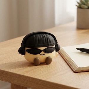 May include: A beige silicone protective case for wireless earbuds shaped like a character wearing black headphones and dark oval sunglasses. The case features a smooth matte finish, a small smiling mouth, and two small brown feet protruding from the bottom.