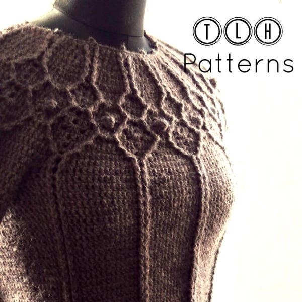 Crochet pullover pattern, crochet sweater pattern, crochet women pattern, adult 5 sizes, cable yoke pullover - pattern no 106