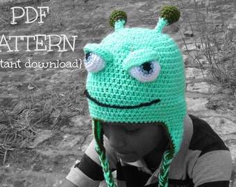 Crochet hat pattern, crochet monster hat, baby hat pattern, earflap hat, Green monster hat - baby, toddler, child adult, Pattern No. 44