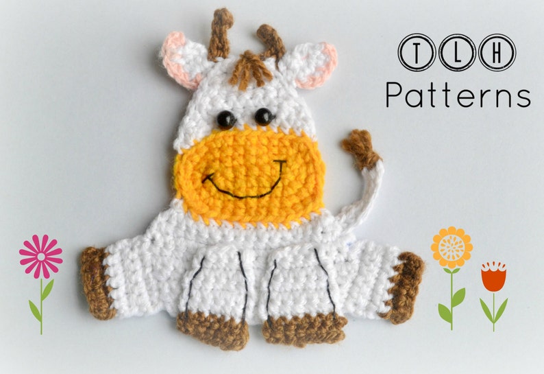 Crochet applique pattern, farm animal applique, crochet cow applique pattern, pattern no. 63 image 1