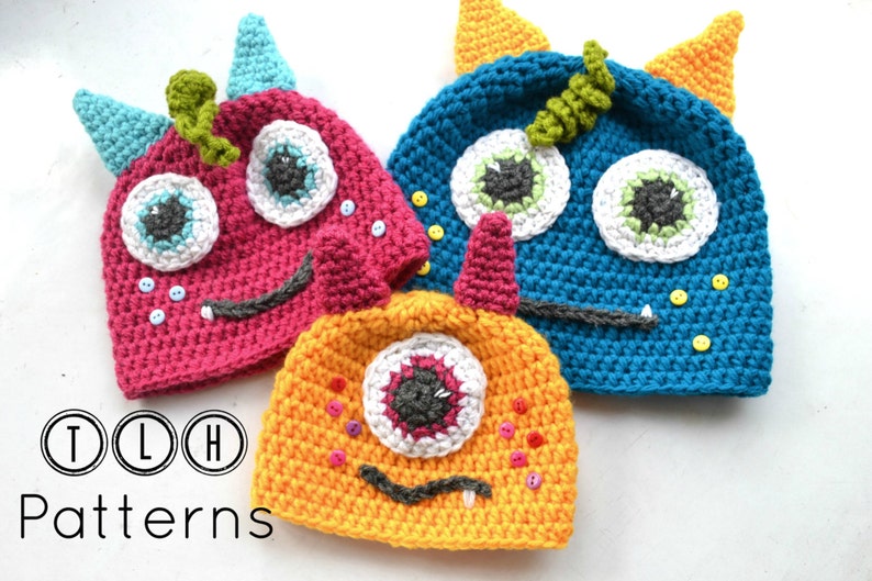 Crochet monster hat pattern, crochet hat pattern, baby hat pattern, monster hat, 6 sizes newborn to adult, Pattern No. 35 image 1