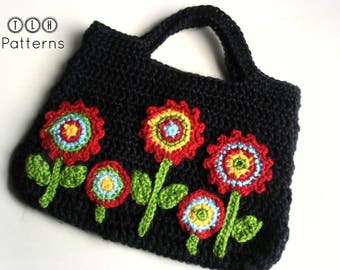 Crochet bag pattern, crochet purse, crochet bag with applique flowers, Pattern No. 13