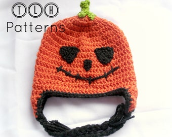 Crochet hat pattern, crochet Halloween pumpkin hat, Halloween hat, Jack-O-Lantern earflap hat - newborn to adult, Pattern No. 22