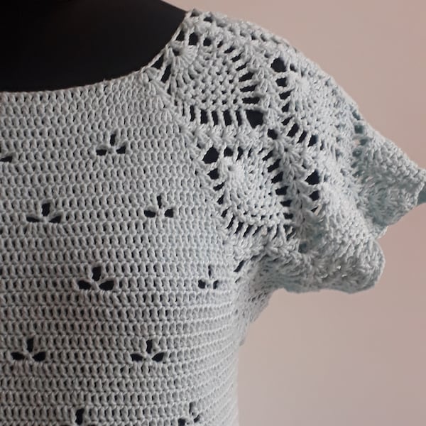 Crochet tunic pattern, crochet dress PDF pattern, crochet adult top, summer top with lace sleeve, size small/medium only, Megha tunic