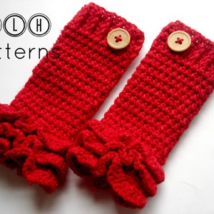 May include: A pair of red crocheted fingerless gloves with a ruffled edge and a wooden button on each glove.