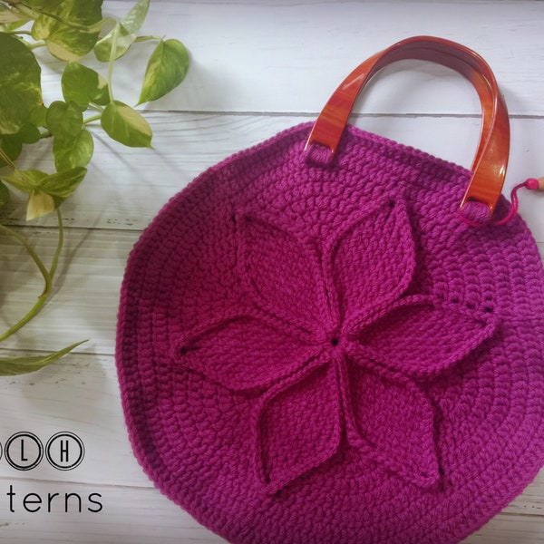 Crochet bag with textured flower, crochet flower handbag pattern, handbag with textured flower
