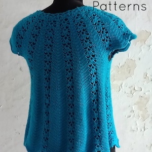 May include: A teal crochet top with a scalloped hem and short sleeves. The top has a delicate openwork pattern.