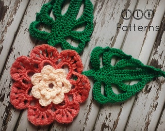 Crochet flower and leaf pattern, crochet flower applique, crochet flower and leaf embellishment, pattern no 131
