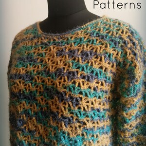 May include: A crocheted sweater with a geometric pattern in shades of teal, brown, and gray. The sweater is displayed on a mannequin. The text "TLH Patterns" is visible in the upper right corner of the image.