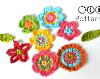 Crochet flower pattern, crochet applique, flowers and leaves crochet pattern, applique flowers, 7 flowers and 2 leaves, pattern no. 61