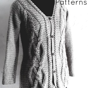 Crochet cardigan pattern, crochet womens sweater, cable stitch cardigan, twisted cables cardigan pattern, adult 5 sizes, pattern no 118